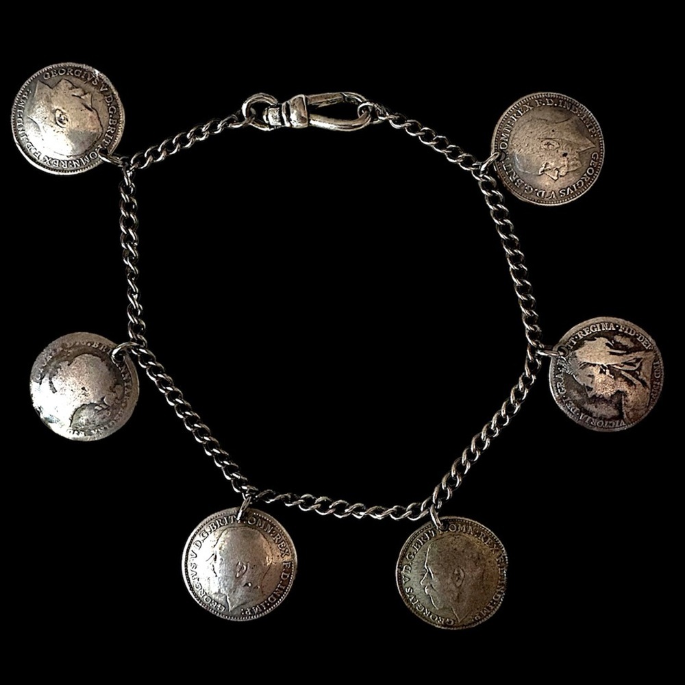 Victorian Edwardian Antique British 3 Pence Coin Charm Bracelet 1800s-1931 165$